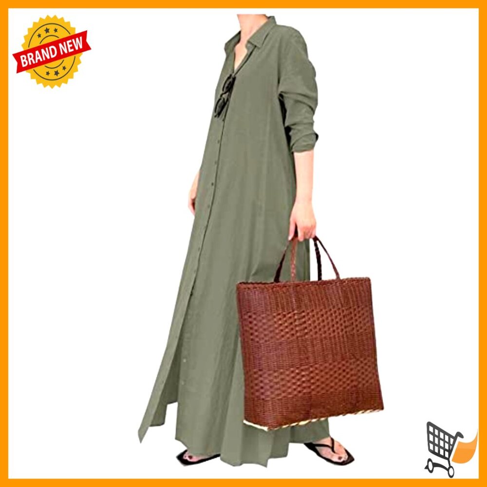 Cotton Linen Maxi Shirtdress Long Sleeve Button Down Casual Beach Dress Pockets - Picture 3 of 7